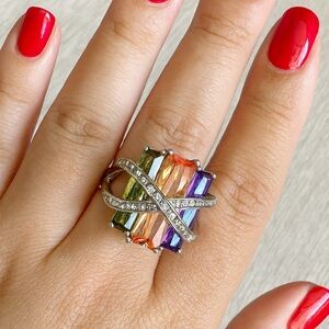 Rainbow Baguette Crystal Cocktail Ring Silver Tone Pavé Statement Glam Size 7
